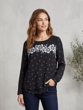 LOFT Black Floral Band Long-Sleeve Blouse